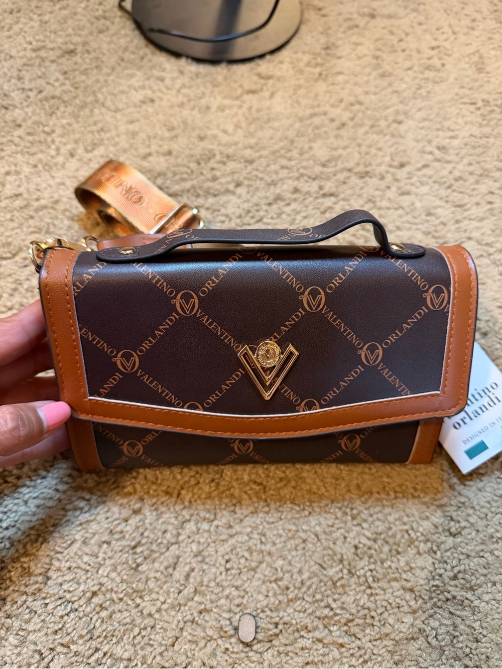 Valentino Orlandi Brown & Tan Logo-Print Crossbody Bag with Gold V Emblem